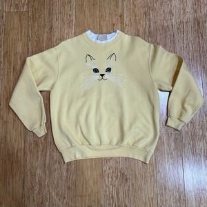 Vintage Top Stitch Cat Grandma Yellow Crewneck Sweatshirt Large